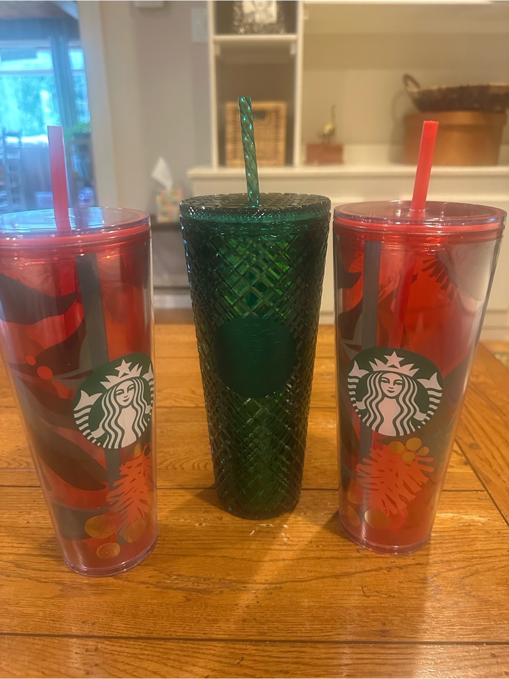 Starbucks Holiday Christmas Cold Cup Tumbler Lot of 3 Red Green 24oz Straws